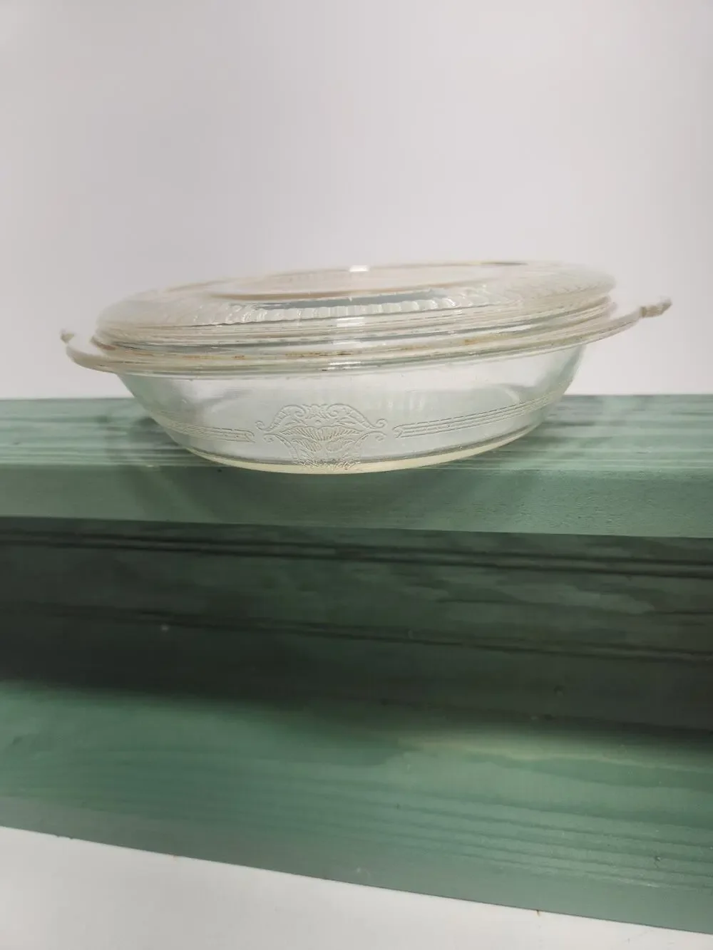 Vintage Clear Pressed Glass Individual Casserole Dish w/ Handles Embossed Floral